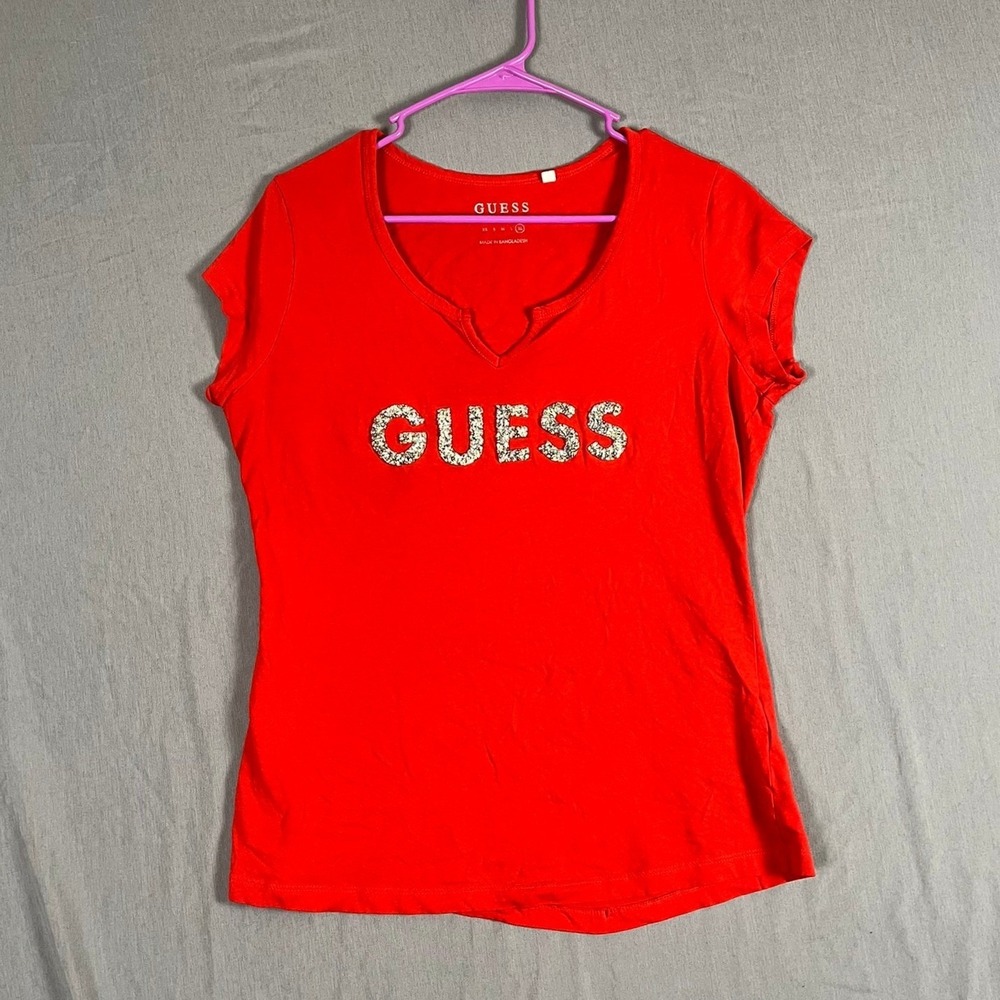 Guess T-Shirt Womens XL Q82I22R00Q0 Red Rhinestone Logo Short Sleeve EUC